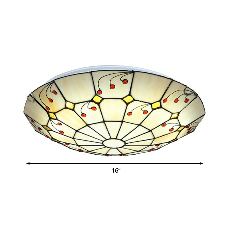 Tiffany Bowl Flush Light Fixture - Led Stained Glass Ceiling Mounted Lighting In Beige For Living