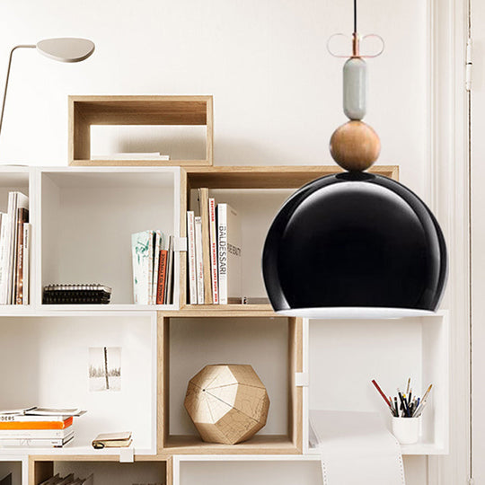 Contemporary Metal Domed Pendant Light Kit - 1 Down Lighting In Black/Red For Living Room