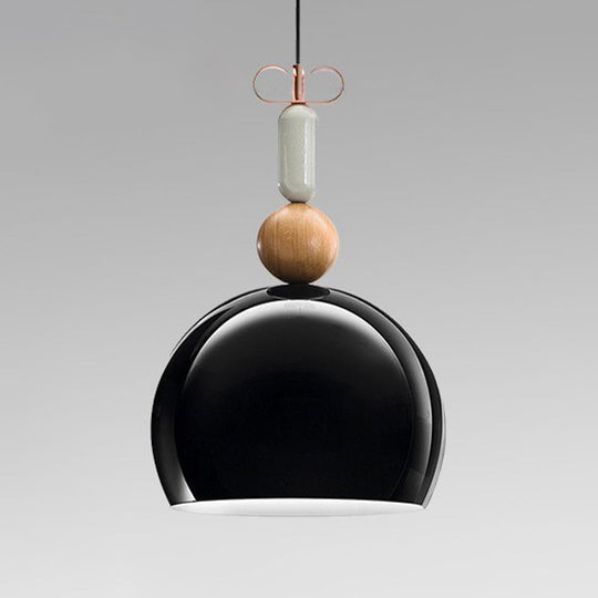 Contemporary Metal Domed Pendant Light Kit - 1-Light Down Lighting In Black/Red For Living Room