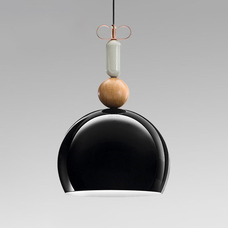 Contemporary Metal Domed Pendant Light Kit - 1 Down Lighting In Black/Red For Living Room