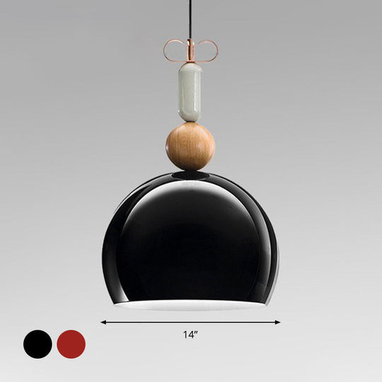 Contemporary Metal Domed Pendant Light Kit - 1 Down Lighting In Black/Red For Living Room