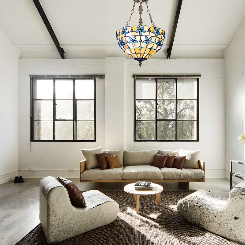 Tiffany Style Flower Shell Semi Flush Light - Antique Brass 3 Lights 12’/14’/16’ Wide