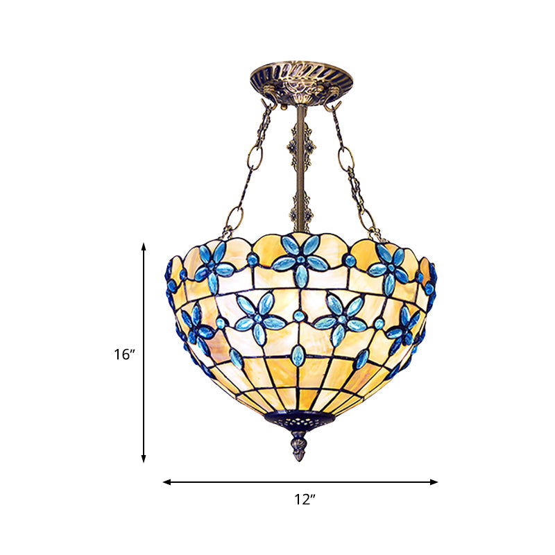 Tiffany Style Flower Shell Semi Flush Light - Antique Brass 3 Lights 12’/14’/16’ Wide