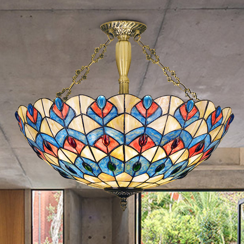 Antique Brass Stained Glass Tiffany Ceiling Light With Jeweled Semi Flush Mount - 4 Lights