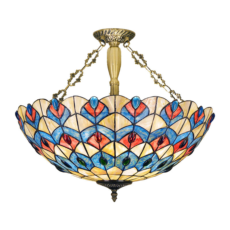 Antique Brass Stained Glass Tiffany Ceiling Light With Jeweled Semi Flush Mount - 4 Lights