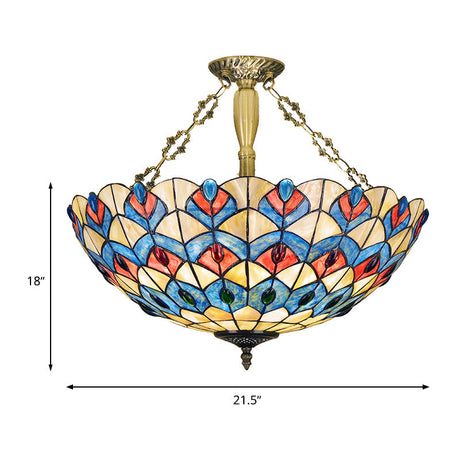 Antique Brass Semi-Flush Mount Stained Glass Ceiling Light With Tiffany Jeweled Design - 4 Lights