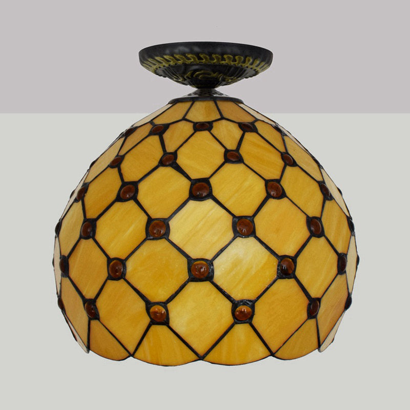 Tiffany-Style Stained Glass Jeweled Ceiling Light In Bronze Flush Mount Multiple Sizes Available