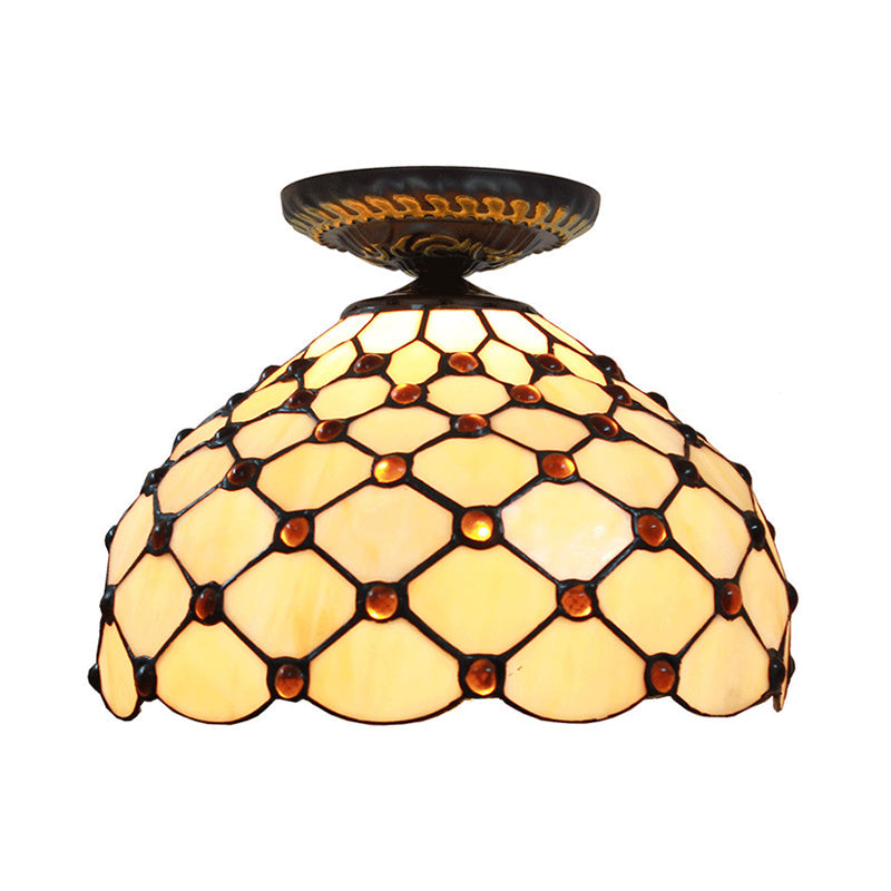 Tiffany-Style Stained Glass Jeweled Ceiling Light In Bronze Flush Mount Multiple Sizes Available