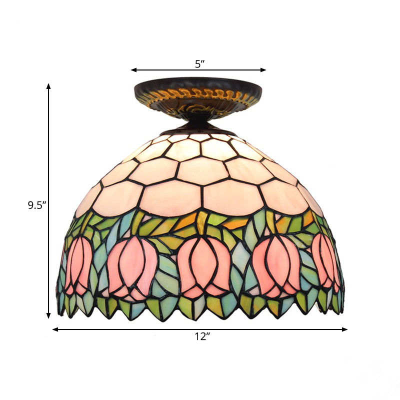 Tiffany-Style Stained Glass Floral Ceiling Fixture: Bronze Flush Mount With Single Bulb