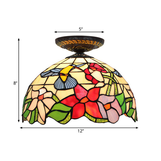 Tiffany-Style Stained Glass Floral Ceiling Fixture: Bronze Flush Mount With Single Bulb