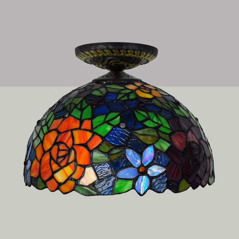 Tiffany-Style Stained Glass Floral Ceiling Fixture: Bronze Flush Mount With Single Bulb