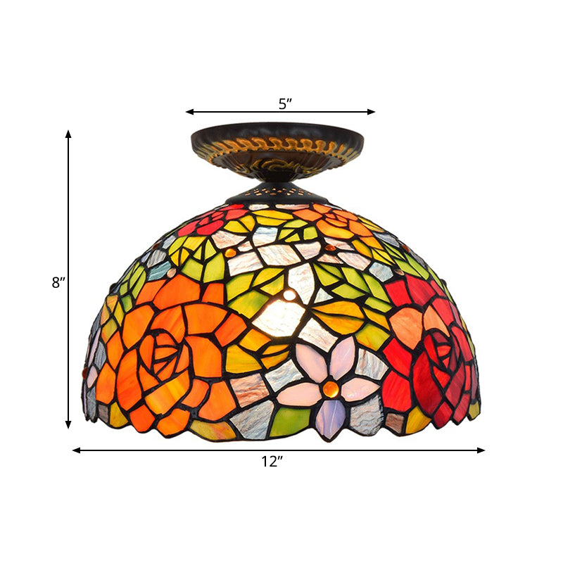 Tiffany-Style Stained Glass Floral Ceiling Fixture: Bronze Flush Mount With Single Bulb
