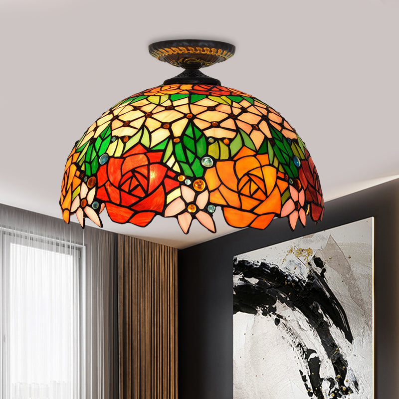 Bronze Rose/Flower Tiffany Ceiling Lamp - Multicolored Stained Glass Flush Mount Lighting / Flower