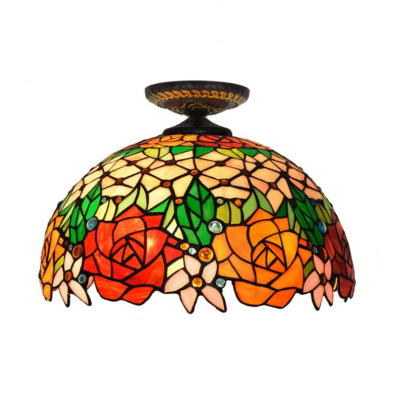 Bronze Rose/Flower Tiffany Ceiling Lamp - Multicolored Stained Glass Flush Mount Lighting