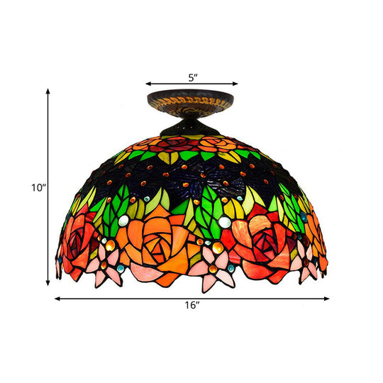 Bronze Rose/Flower Tiffany Ceiling Lamp - Multicolored Stained Glass Flush Mount Lighting