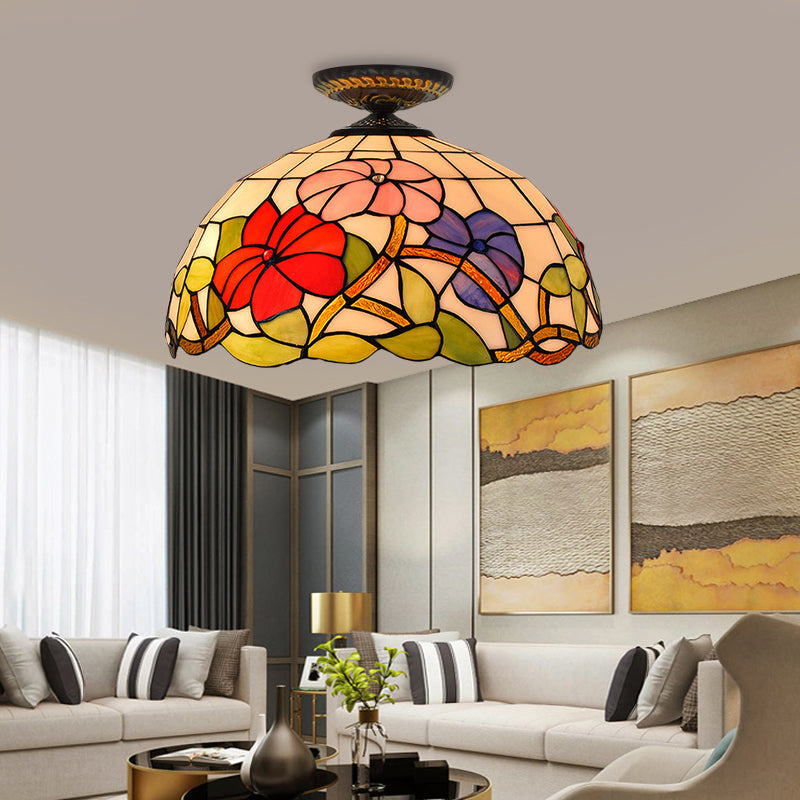 Tiffany Peony Flush Mount Lamp: Stained Glass Ceiling Lighting Fixture In Bronze 12/16 Wide / 16