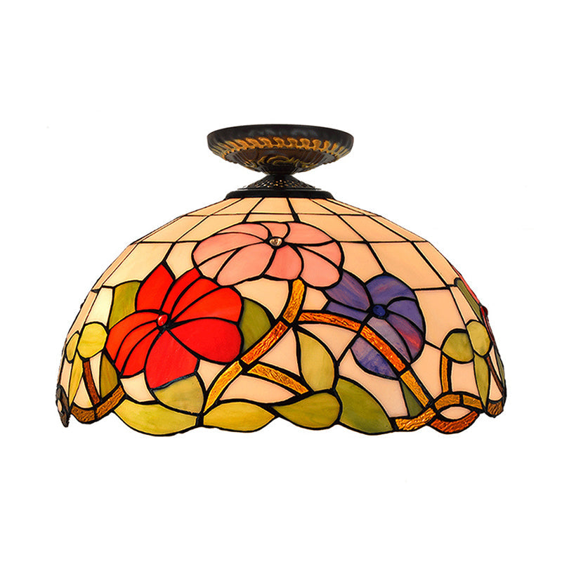 Tiffany Peony Flush Mount Lamp: Stained Glass Ceiling Lighting Fixture In Bronze 12’/16’ Wide