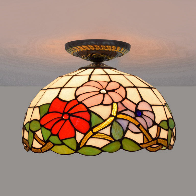 Tiffany Peony Flush Mount Lamp: Stained Glass Ceiling Lighting Fixture In Bronze 12/16 Wide / 12
