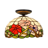 Tiffany Peony Flush Mount Lamp: Stained Glass Ceiling Lighting Fixture In Bronze 12/16 Wide