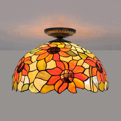 Sunflower Tiffany Stained Glass Ceiling Lamp - 1 Light Brass Flush Mount / 16