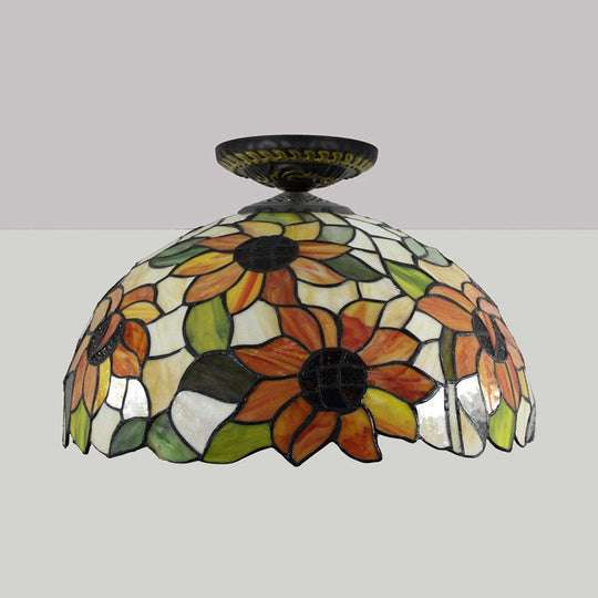 Sunflower Tiffany Stained Glass Ceiling Lamp - 1 Light Brass Flush Mount