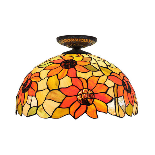 Sunflower Tiffany Stained Glass Ceiling Lamp - 1 Light Brass Flush Mount