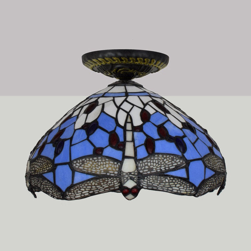 Tiffany Dragonfly Flush Mount Lamp - Stained Glass Close To Ceiling Lighting Fixture In Brass