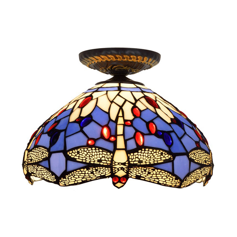 Tiffany Dragonfly Flush Mount Lamp - Stained Glass Close To Ceiling Lighting Fixture In Brass