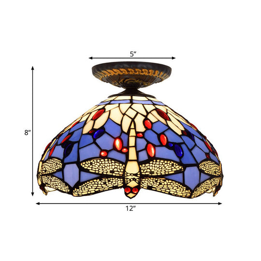Tiffany Dragonfly Flush Mount Lamp - Stained Glass Close To Ceiling Lighting Fixture In Brass
