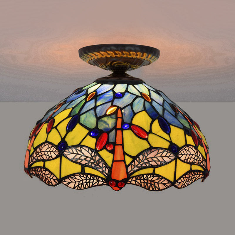Tiffany Dragonfly Flush Mount Lamp - Stained Glass Close To Ceiling Lighting Fixture In Brass / B