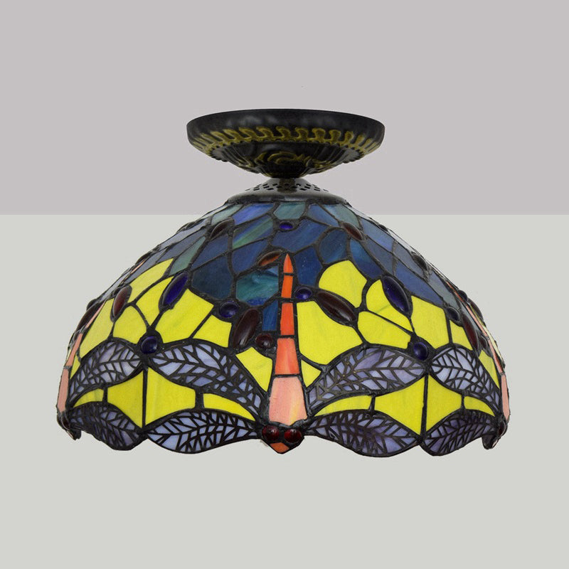 Tiffany Dragonfly Flush Mount Lamp - Stained Glass Close To Ceiling Lighting Fixture In Brass