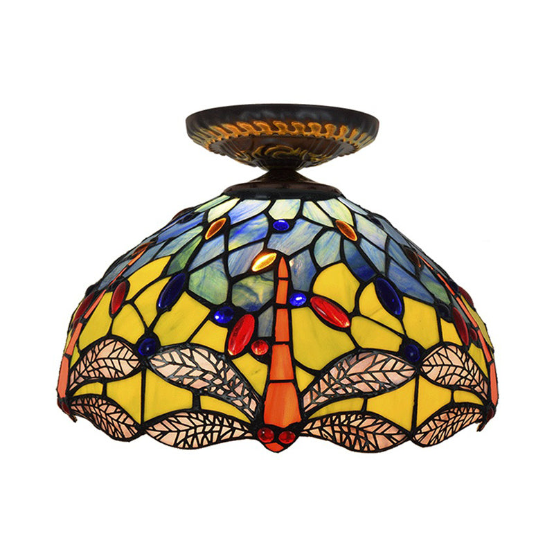 Tiffany Dragonfly Flush Mount Lamp - Stained Glass Close To Ceiling Lighting Fixture In Brass