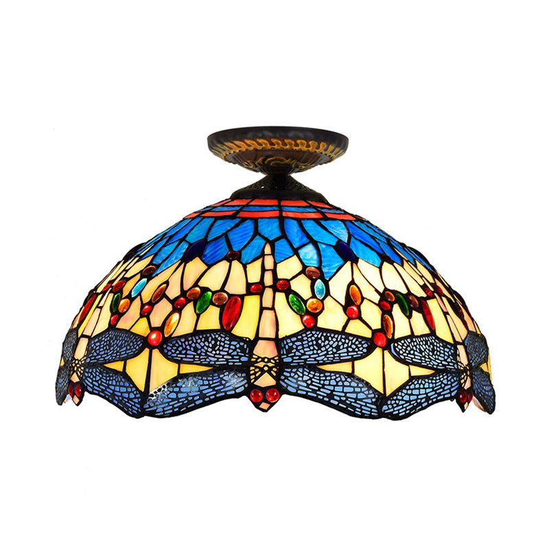 Tiffany White/Red Dragonfly Stained Glass Porch Ceiling Mount Lamp
