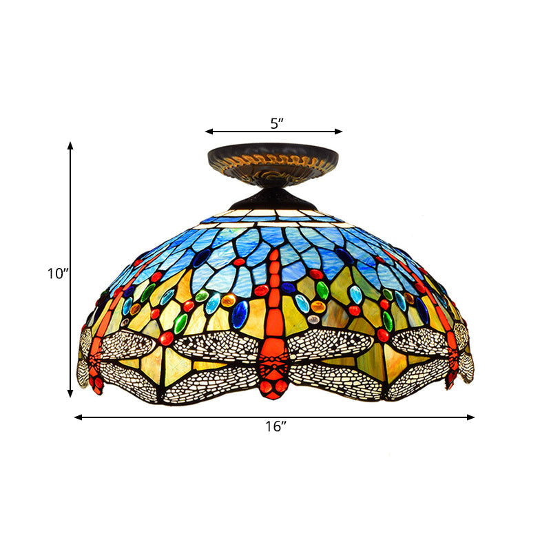 Tiffany White/Red Dragonfly Stained Glass Porch Ceiling Mount Lamp