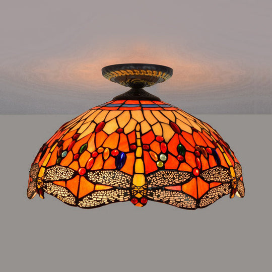 Tiffany-Style Dragonfly Cut Glass Ceiling Lamp - Brass Flush Mount Light Fixture 16’/18’ Width