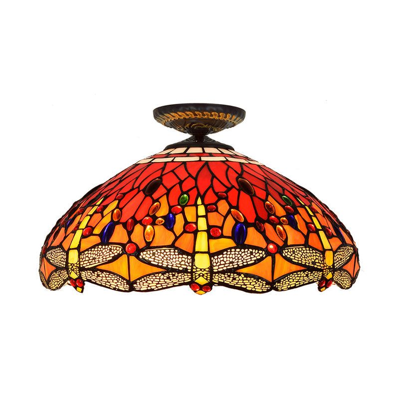 Tiffany-Style Dragonfly Cut Glass Ceiling Lamp - Brass Flush Mount Light Fixture 16’/18’ Width