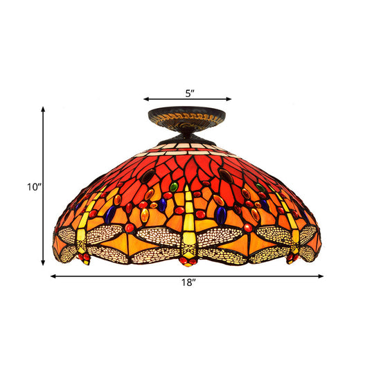 Tiffany-Style Dragonfly Cut Glass Ceiling Lamp - Brass Flush Mount Light Fixture 16’/18’ Width