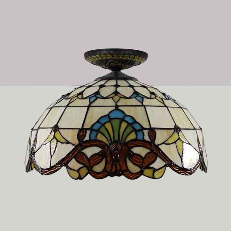 Tiffany Hand Rolled Art Glass Floral Flush Mount Light With Yellow/Blue Shade 12’/16’ W
