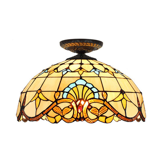 Tiffany Hand Rolled Art Glass Floral Flush Mount Light With Yellow/Blue Shade 12’/16’ W
