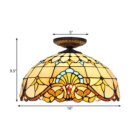 Tiffany Hand Rolled Art Glass Floral Flush Mount Light With Yellow/Blue Shade 12/16 W