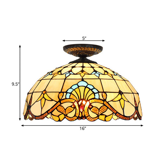 Tiffany Hand Rolled Art Glass Floral Flush Mount Light With Yellow/Blue Shade 12/16 W