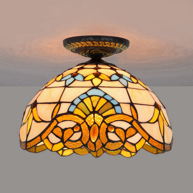 Tiffany Hand Rolled Art Glass Floral Flush Mount Light With Yellow/Blue Shade 12’/16’ W Yellow / 12’