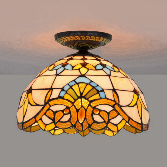 Tiffany Hand Rolled Art Glass Floral Flush Mount Light With Yellow/Blue Shade 12’/16’ W Yellow / 12’