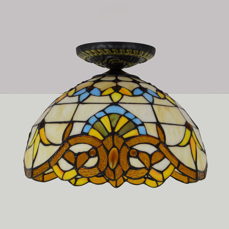 Tiffany Hand Rolled Art Glass Floral Flush Mount Light With Yellow/Blue Shade 12/16 W