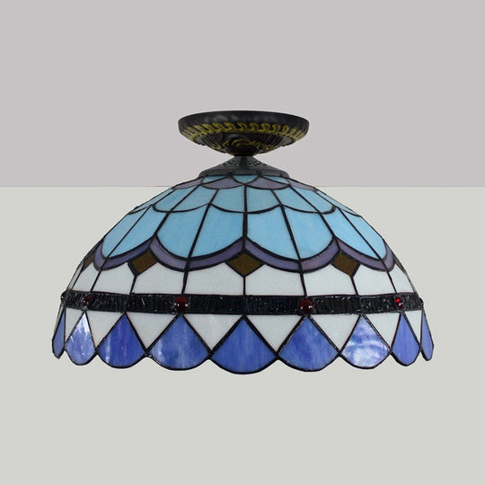 Tiffany Hand Rolled Art Glass Floral Flush Mount Light With Yellow/Blue Shade 12/16 W