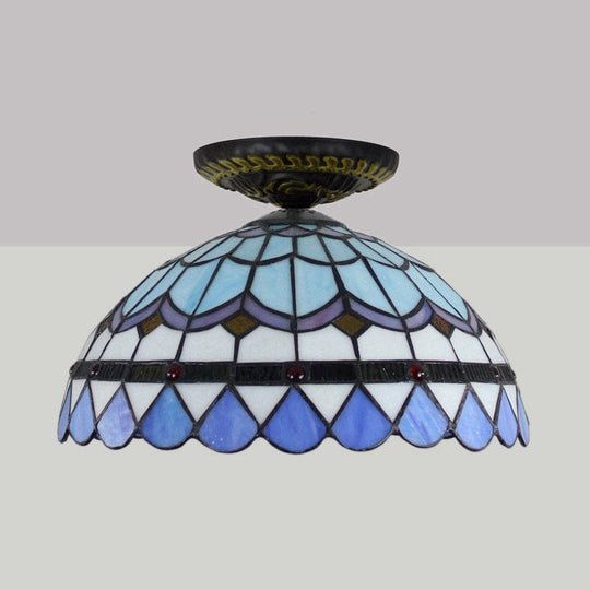 Tiffany Hand Rolled Art Glass Floral Flush Mount Light With Yellow/Blue Shade 12’/16’ W