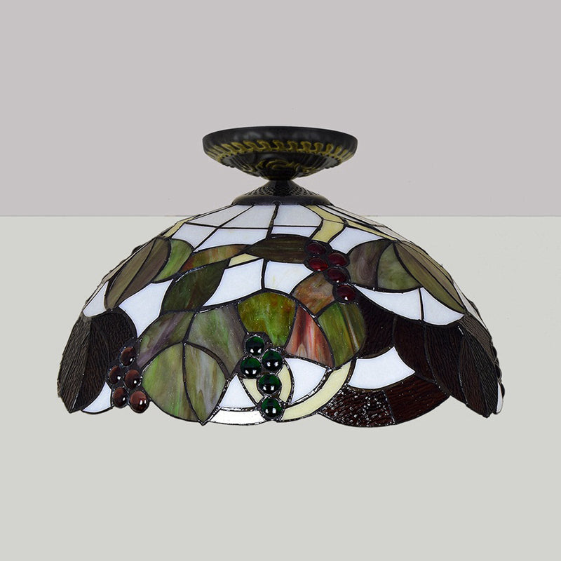Grape Ceiling Lighting Tiffany Brass Stained Glass Flush Mount Light 1-Light 12’/16’ Width