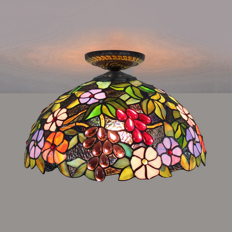 Tiffany 1-Light Stained Glass Blossom Ceiling Lamp- Brass Flushmount 12’/16’ Width