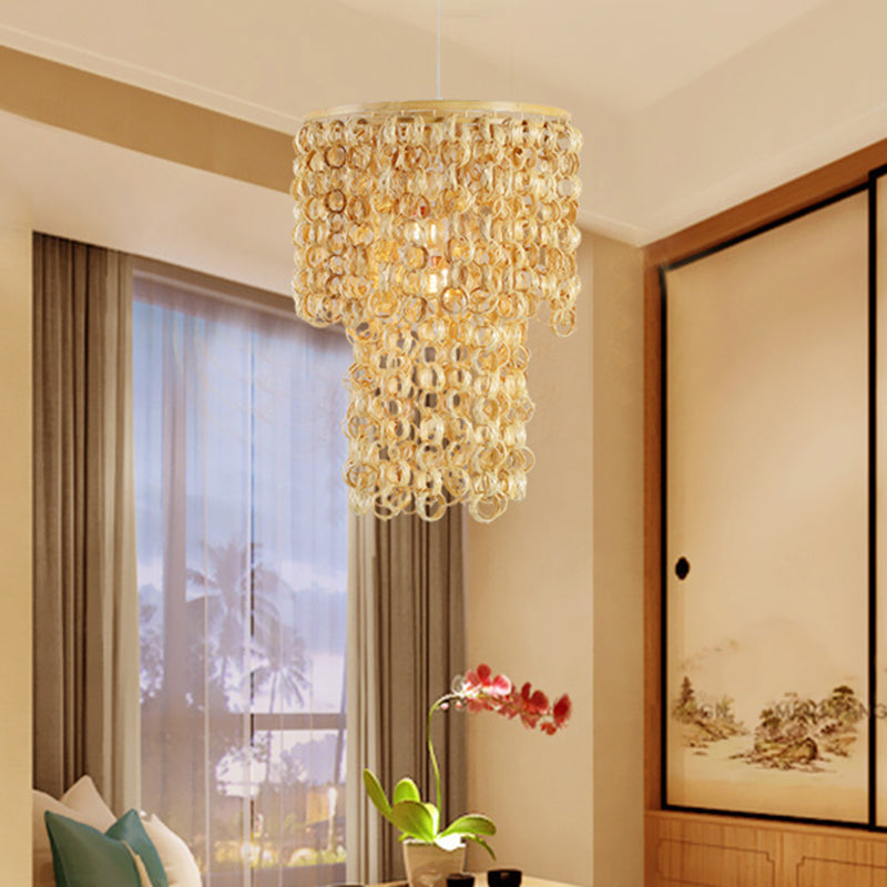 Contemporary Round Beige Bamboo Pendant Ceiling Light With Tassel Deco