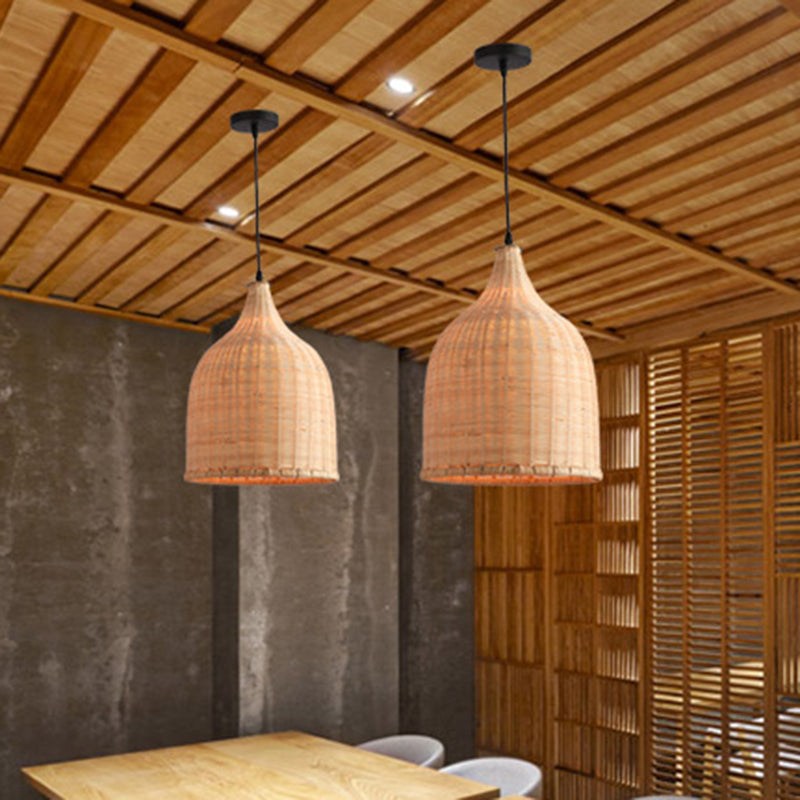 Modern Beige Bamboo Pendant Lamp - 11’/14’/18’ W 1 Light Living Room Ceiling Hanging Fixture